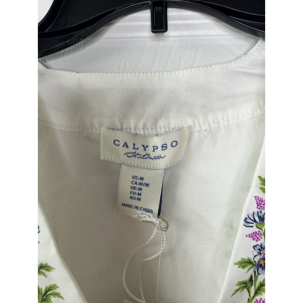 Calypso White Floral V-Neck Puff Sleeve Bordered Mini Dress Size M - Picture 8 of 13
